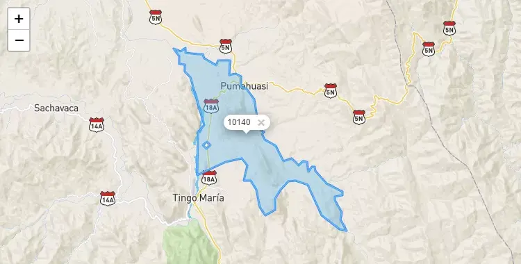 Mapa de la zona del código postal 10140 en Luyando, Huanuco