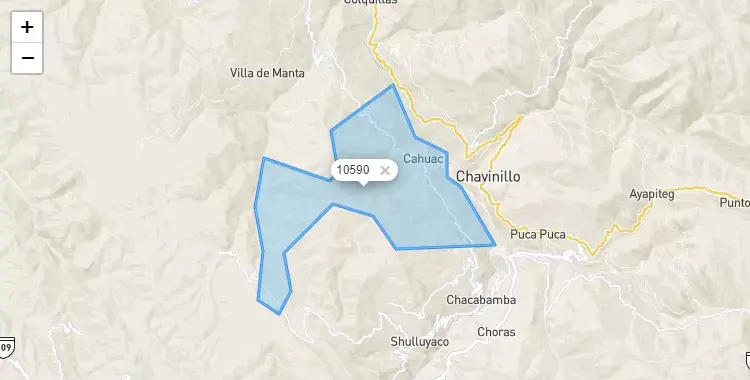 Mapa de la zona del código postal 10590 en Cahuac, Huanuco