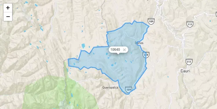 Mapa de la zona del código postal 10640 en Baños, Huanuco