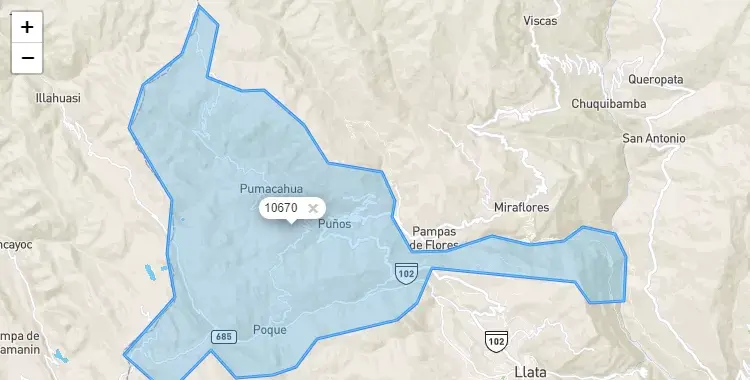 Mapa de la zona del código postal 10670 en Puños, Huanuco