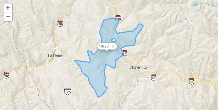 Mapa de la zona del código postal 10720 en Obas, Huanuco