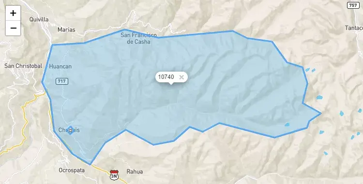 Mapa de la zona del código postal 10740 en Chuquis, Huanuco