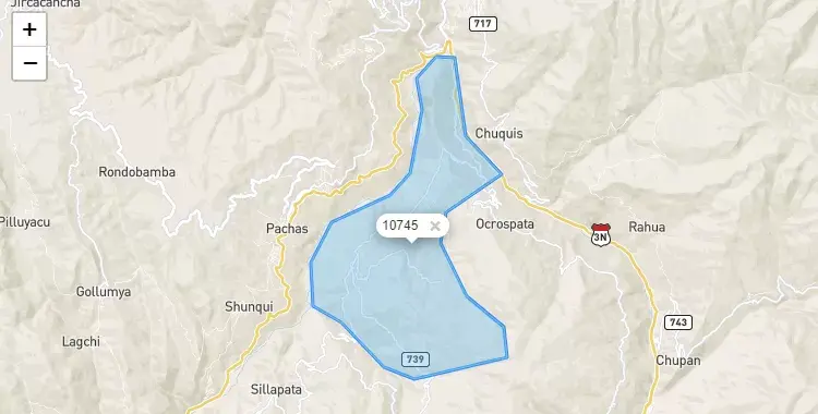 Mapa de la zona del código postal 10745 en Yanas, Huanuco