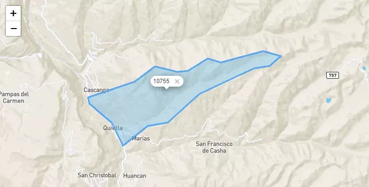 Mapa de la zona del código postal 10755 en Quivilla, Huanuco