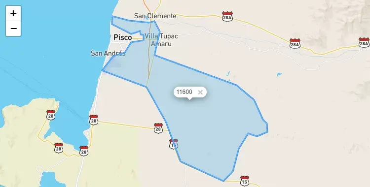 Mapa de la zona del código postal 11600 en San Andres, Ica