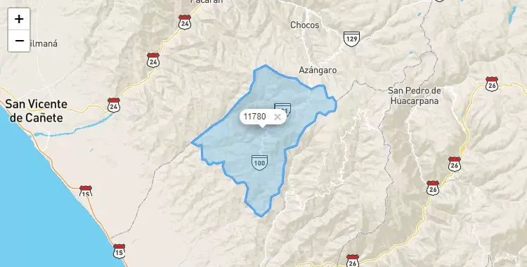 Mapa de la zona del código postal 11780 en Chavín, Ica
