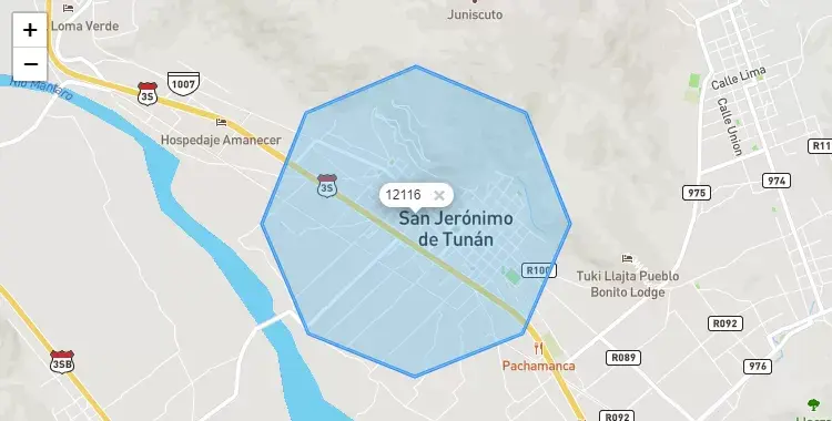 Mapa de la zona del código postal 12116 en San Jerónimo de Tunán, Junín