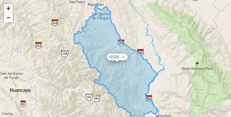 Mapa de la zona del código postal 12320 en Pangoa, Junín