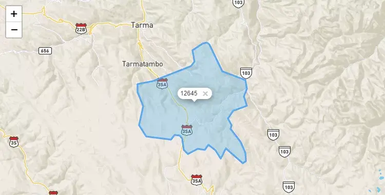 Mapa de la zona del código postal 12645 en Huaricolca, Junín