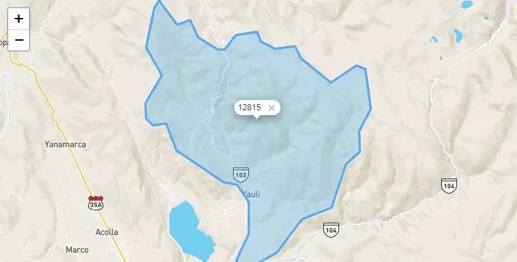 Mapa de la zona del código postal 12815 en Yauli, Junín