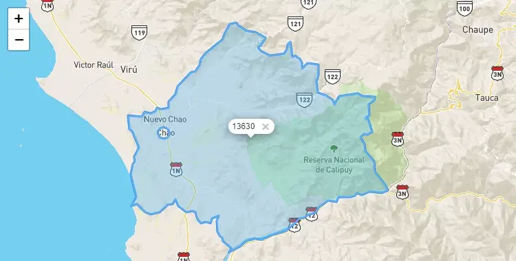 Mapa de la zona del código postal 13630 en Chao, La Libertad