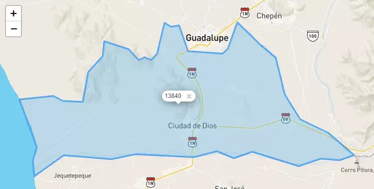 Mapa de la zona del código postal 13840 en Guadalupe, La Libertad