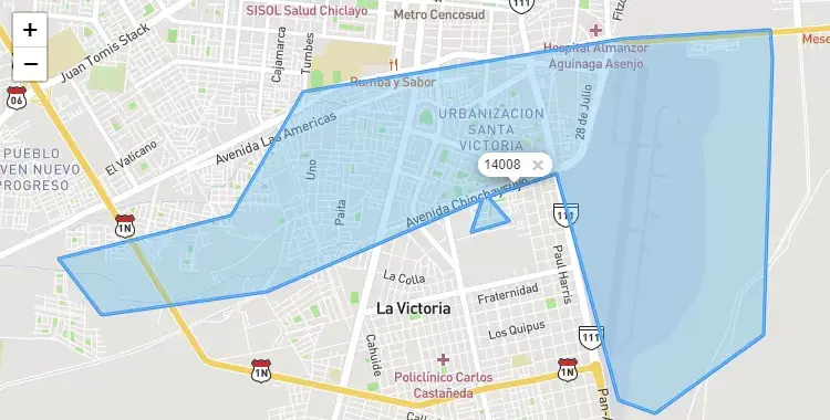 Mapa de la zona del código postal 14008 en La Victoria, Lambayeque