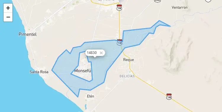 Mapa de la zona del código postal 14830 en Monsefú, Lambayeque