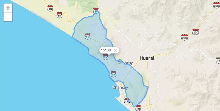Mapa de la zona del código postal 15130 en Chancay, Lima