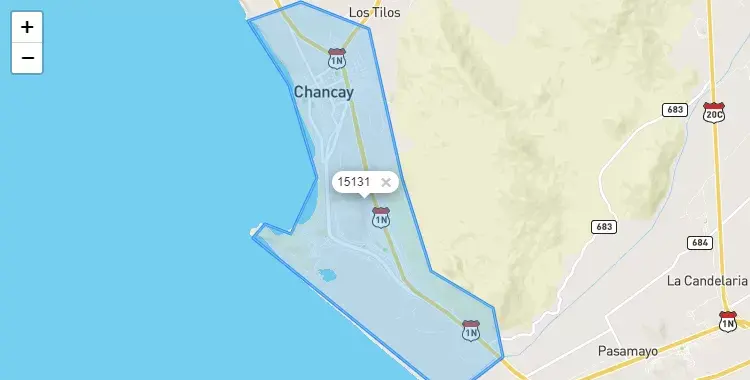 Mapa de la zona del código postal 15131 en Chancay, Lima