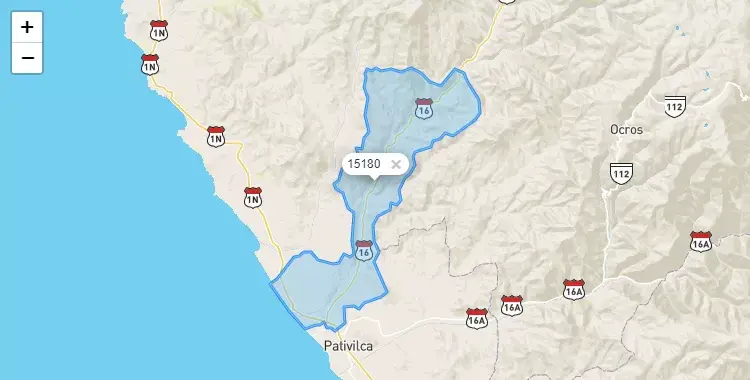 Mapa de la zona del código postal 15180 en Paramonga, Lima