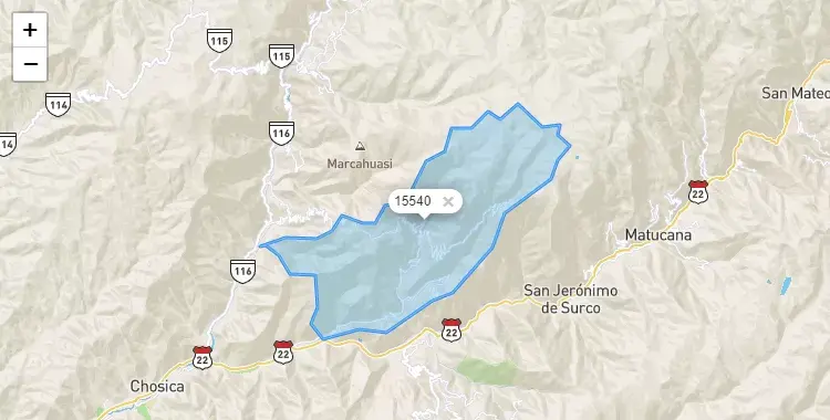 Mapa de la zona del código postal 15540 en San Mateo de Otao, Lima