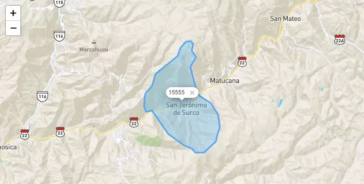 Mapa de la zona del código postal 15555 en Surco, Lima