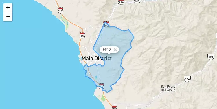 Mapa de la zona del código postal 15610 en Mala, Lima