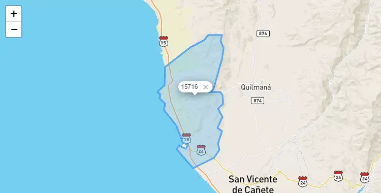 Mapa de la zona del código postal 15716 en Cerro Azul, Lima
