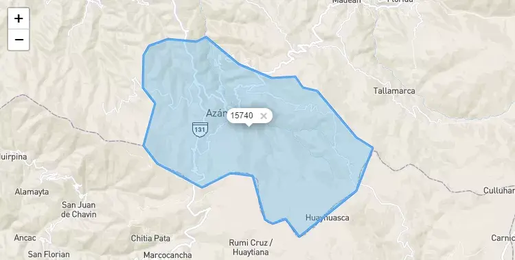 Mapa de la zona del código postal 15740 en Azangaro, Lima