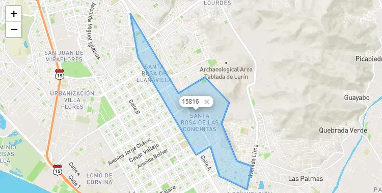 Mapa de la zona del código postal 15816 en Villa el Salvador, Lima