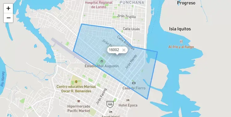 Mapa de la zona del código postal 16002 en Iquitos, Loreto