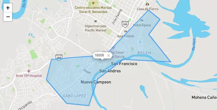 Mapa de la zona del código postal 16006 en Belén, Loreto