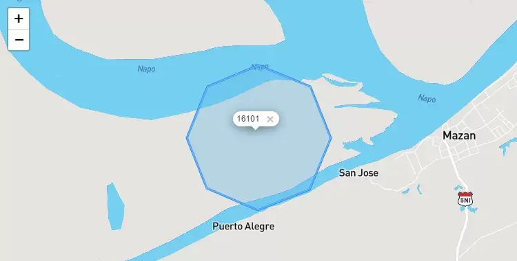 Mapa de la zona del código postal 16101 en Mazán, Loreto