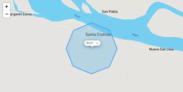 Mapa de la zona del código postal 16121 en Napo, Loreto