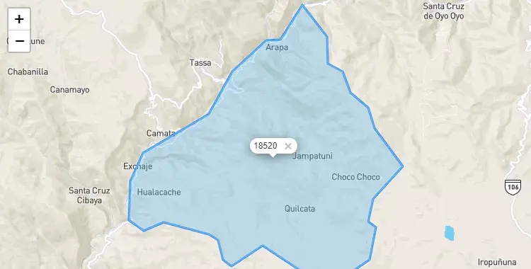 Mapa de la zona del código postal 18520 en Yunga, Moquegua