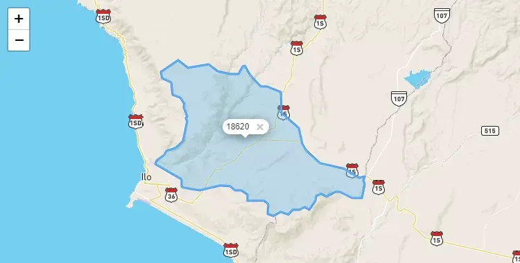 Mapa de la zona del código postal 18620 en El Algarrobal, Moquegua