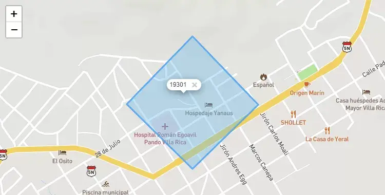 Mapa de la zona del código postal 19301 en Villa Rica, Pasco