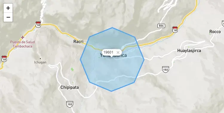 Mapa de la zona del código postal 19601 en Yanahuanca, Pasco