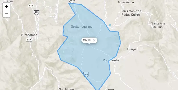 Mapa de la zona del código postal 19710 en Goyllarisquizga, Pasco