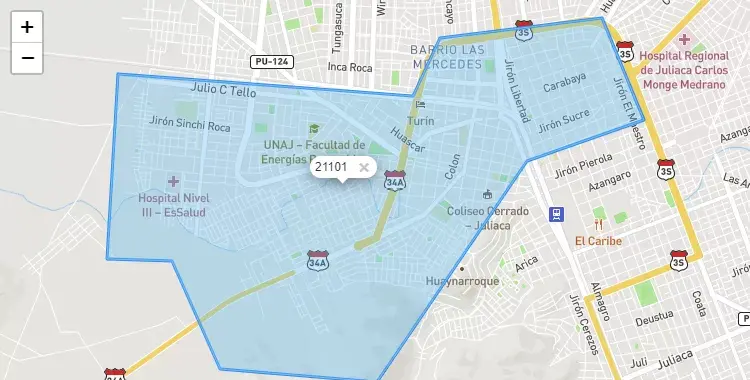 Mapa de la zona del código postal 21101 en Juliaca, Puno