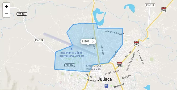 Mapa de la zona del código postal 21102 en Juliaca, Puno