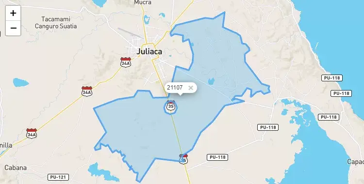Mapa de la zona del código postal 21107 en Caracoto, Puno