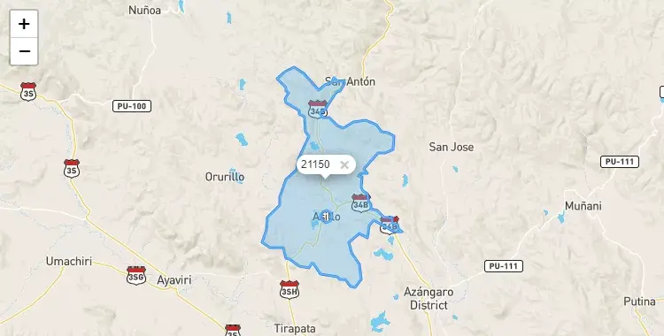 Mapa de la zona del código postal 21150 en Asillo, Puno