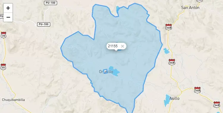 Mapa de la zona del código postal 21155 en Orurillo, Puno