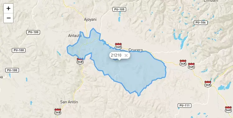 Mapa de la zona del código postal 21210 en Potoni, Puno