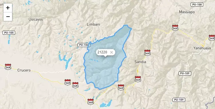 Mapa de la zona del código postal 21220 en Patambuco, Puno