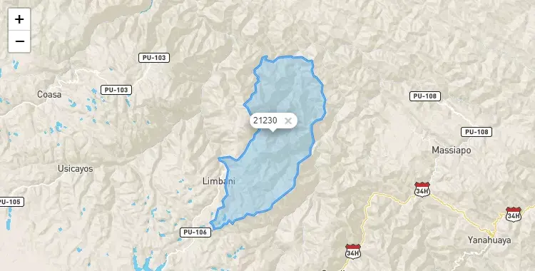 Mapa de la zona del código postal 21230 en Phara, Puno