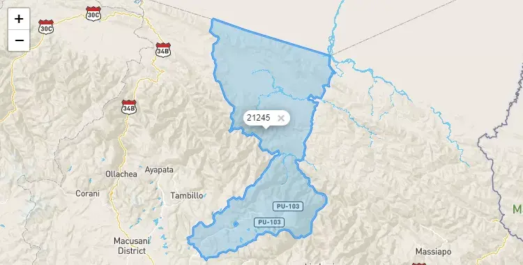 Mapa de la zona del código postal 21245 en Coasa, Puno