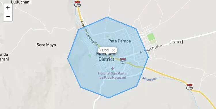 Mapa de la zona del código postal 21251 en Macusani, Puno