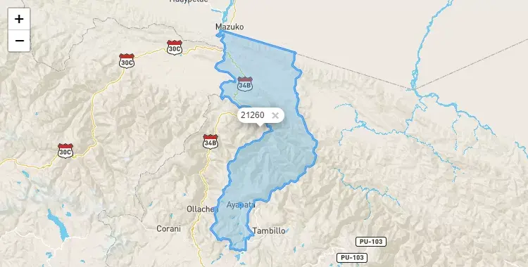Mapa de la zona del código postal 21260 en Ayapata, Puno