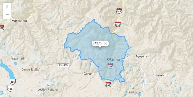 Mapa de la zona del código postal 21270 en Ollachea, Puno