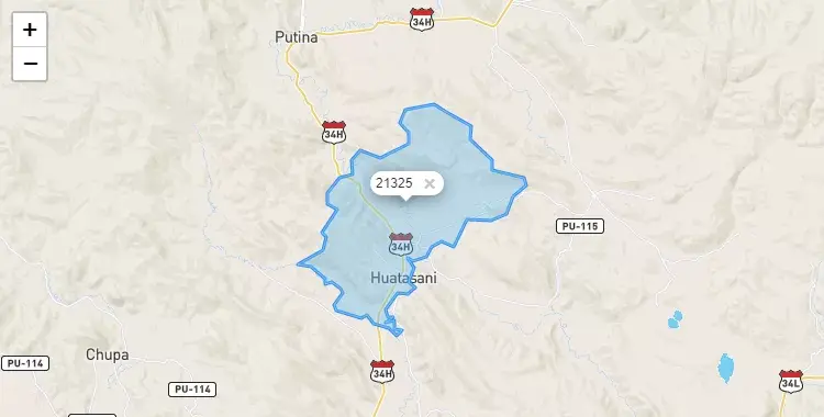 Mapa de la zona del código postal 21325 en Huatasani, Puno