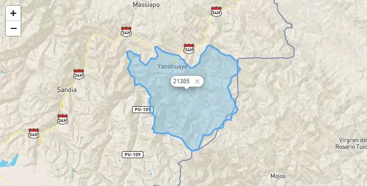 Mapa de la zona del código postal 21385 en Yanahuaya, Puno